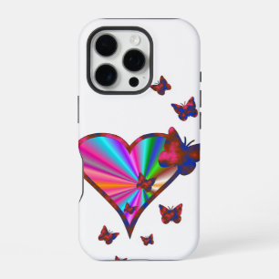 Coque iPhone 16 Pro Cœur arc-en-ciel et papillon