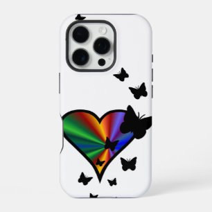 Coque iPhone 16 Pro Cœur arc-en-ciel et papillon