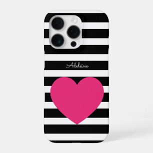 Coque iPhone 16 Pro Cœur rose rayé noir et blanc personnalisé 