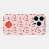 Coque iPhone 16 Pro Coeurs rouges en arrière - plan rose avec nom init (Verso Horizontal)