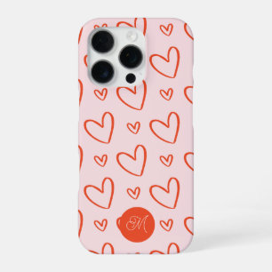 Coque iPhone 16 Pro Coeurs rouges en arrière - plan rose avec nom init