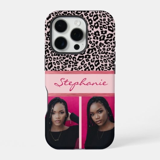 Coque iPhone 16 Pro Collage photo avec impression léopard rose glacé (Verso)