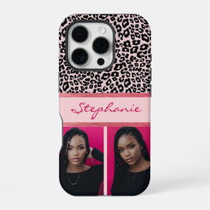 Coque iPhone 16 Pro Collage photo Empreinte de léopard rose glace