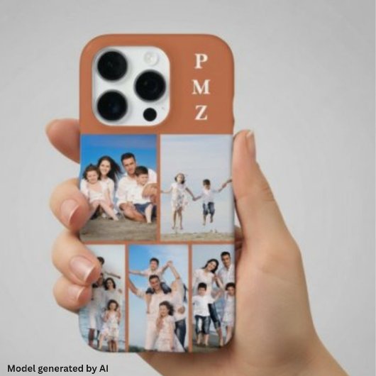 Coque iPhone 16 Pro Collage photo moderne Monogram 5 Terracotta