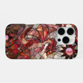 Coque iPhone 16 Pro Conception de faux vitrail Dragon Rouge (Verso Horizontal)