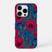 Coque iPhone 16 Pro Coquelicots rouges et fleurs bleues sur bleu (Verso)