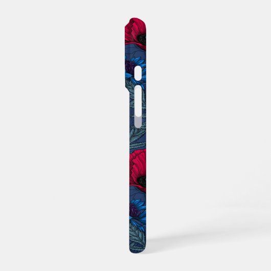 Coque iPhone 16 Pro Coquelicots rouges et fleurs bleues sur bleu (Côté gauche)