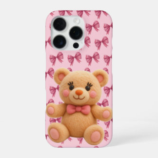 Coque iPhone 16 Pro Coquette Kawaii Teddy Peach avec imprimé nœud papi