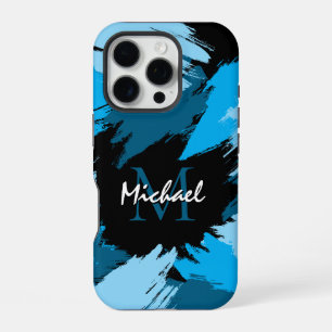 Coque iPhone 16 Pro Coups de pinceau nuances de bleu nom avec monogram