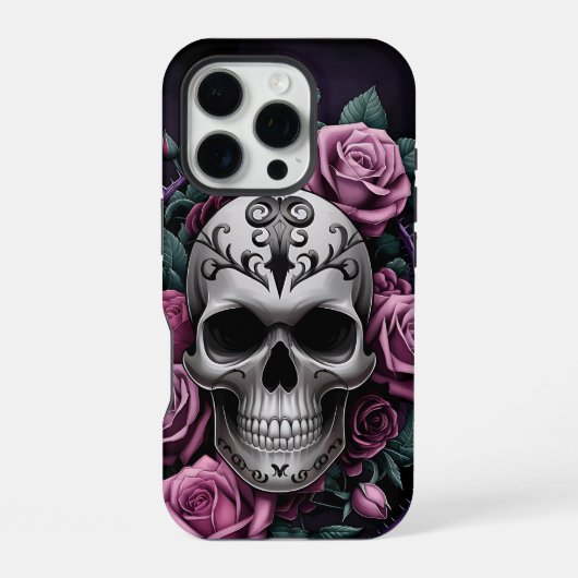 Coque iPhone 16 Pro Crâne gothique avec roses violettes (Verso)