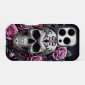 Coque iPhone 16 Pro Crâne gothique avec roses violettes (Verso Horizontal)