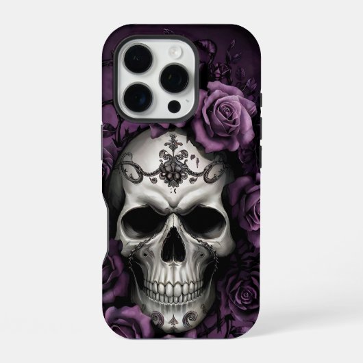 Coque iPhone 16 Pro Crâne gothique avec roses violettes (Verso)