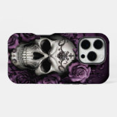 Coque iPhone 16 Pro Crâne gothique avec roses violettes (Verso Horizontal)