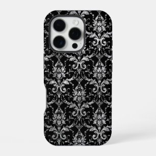 Coque iPhone 16 Pro Damas en métal argenté sur noir