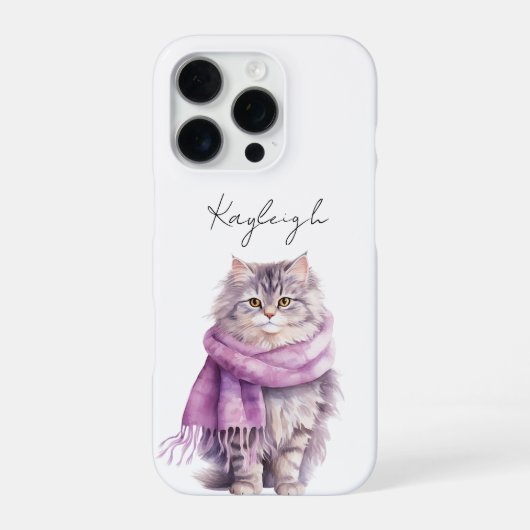 Coque iPhone 16 Pro Écharpe Violette d'Hiver Confortable pour Chat (Verso)