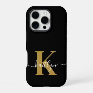 Coque iPhone 16 Pro Élégant Monogramme Black Gold Script