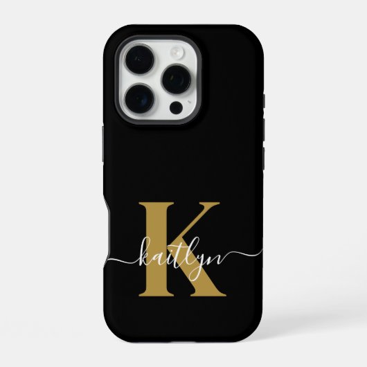 Coque iPhone 16 Pro Élégant Monogramme Black Gold Script (Verso)