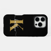 Coque iPhone 16 Pro Élégant Monogramme Black Gold Script (Verso Horizontal)