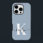 Coque iPhone 16 Pro Élégant Monogramme bleu foncé<br><div class="desc">Ce Coque simple et élégant bleu poussiéreux iPhone 16 Pro avec votre prénom dans une police de script tendance en noir et votre première initiale dans une police de casquette moderne en blanc aurait l'air fabuleux sur votre téléphone portable et le gardera à l'abri du bris. C'est design, tendance et...</div>
