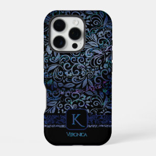 Coque iPhone 16 Pro Élégant Monogramme Floral Bleu Noir