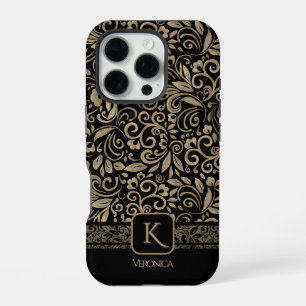 Coque iPhone 16 Pro Élégant Monogramme floral noir et or