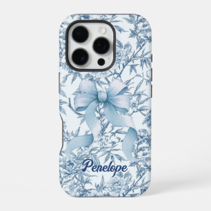 Coque iPhone 16 Pro Élégant nœud bleu toile de jouy floral monogramme