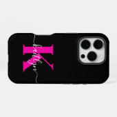 Coque iPhone 16 Pro Élégant Noir Hot Rose Script Monogramme (Verso Horizontal)