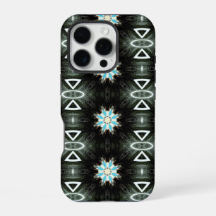 Coque iPhone 16 Pro étoile bleue géométrique en explosion sur fond noi