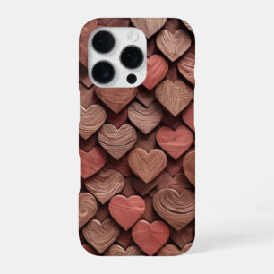 Coque iPhone 16 Pro Étui de téléphone à motif de cœurs en bois sculpté