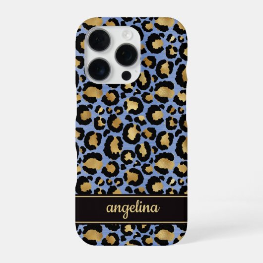 Coque iPhone 16 Pro Feuille d'or sur monogramme imprimé léopard bleu (Verso)
