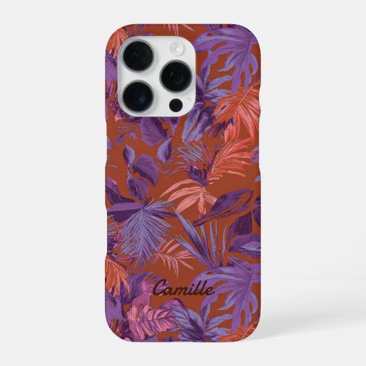 Coque iPhone 16 Pro Feuille tropicale moderne rouge pourpre (Verso)