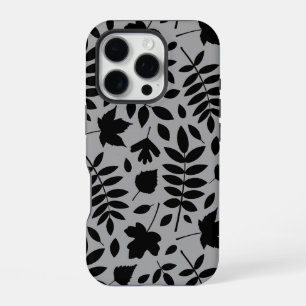 Coque iPhone 16 Pro Feuilles tombés Lg Motif noir sur gris