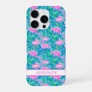 Coque iPhone 16 Pro Flamants Roses Monogrammes Aquarelle