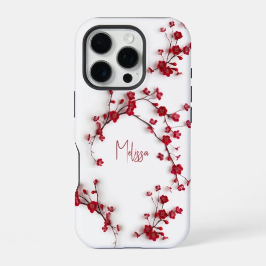 Coque iPhone 16 Pro Fleur de cerisier 3D rouge (Verso)