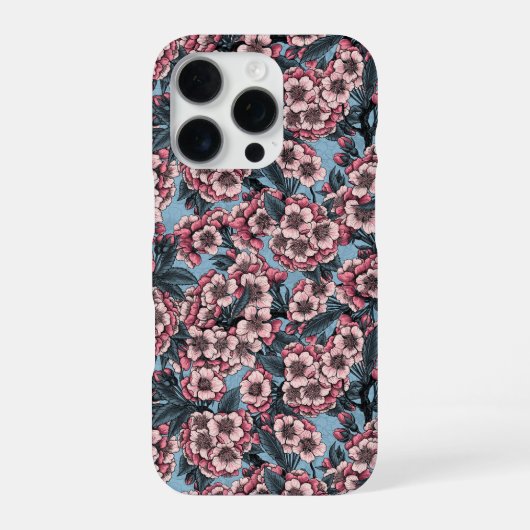 Coque iPhone 16 Pro Fleur de cerisier en rose et bleu (Verso)