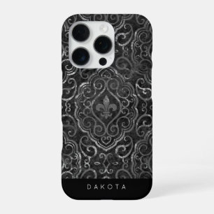 Coque iPhone 16 Pro Fleur de Lis Vintage   Damassé Grunge Argent Noir