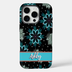 Coque iPhone 16 Pro Fleur de mandala bohémienne noire bleue personnali