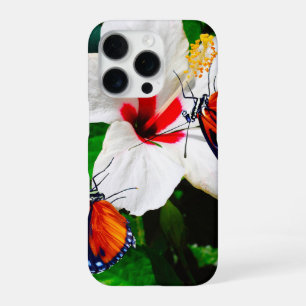 Coque iPhone 16 Pro Fleur d'Hibiscus avec 2 papillons Longwing du tigr