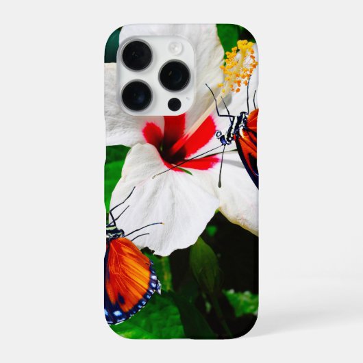 Coque iPhone 16 Pro Fleur d'Hibiscus avec 2 papillons Longwing du tigr (Verso)