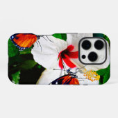 Coque iPhone 16 Pro Fleur d'Hibiscus avec 2 papillons Tiger Longwing (Verso Horizontal)