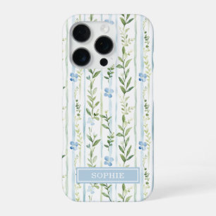 Coque iPhone 16 Pro Fleur personnalisée rayée bleue