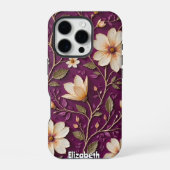 Coque iPhone 16 Pro Fleurs crème sur fond violet texturé (Verso)