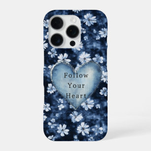 Coque iPhone 16 Pro Fleurs de coeur en denim bleu blanc