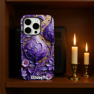Coque iPhone 16 Pro Fleurs de fantaisie violettes avec texture dorée