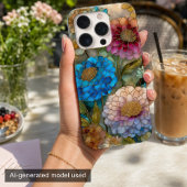 Coque iPhone 16 Pro Fleurs de verre teinté rose et bleu vif 