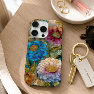 Coque iPhone 16 Pro Fleurs de verre teinté rose et bleu vif