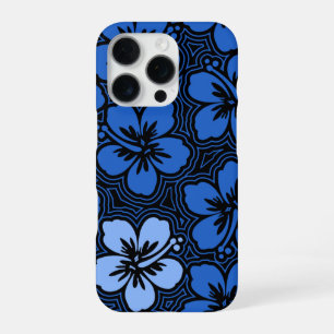 Coque iPhone 16 Pro Fleurs d'île Hawaïen Hibiscus Rayures Bleu