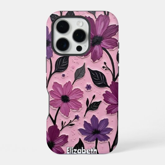 Coque iPhone 16 Pro Fleurs violettes texturées sur fond rose (Verso)