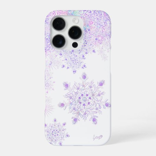 Coque iPhone 16 Pro flocon de neige violet clair et cœur scintillant (Verso)