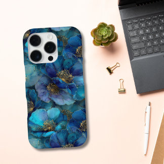 Coque iPhone 16 Pro Florales Abstraites d'aquarelle bleu or